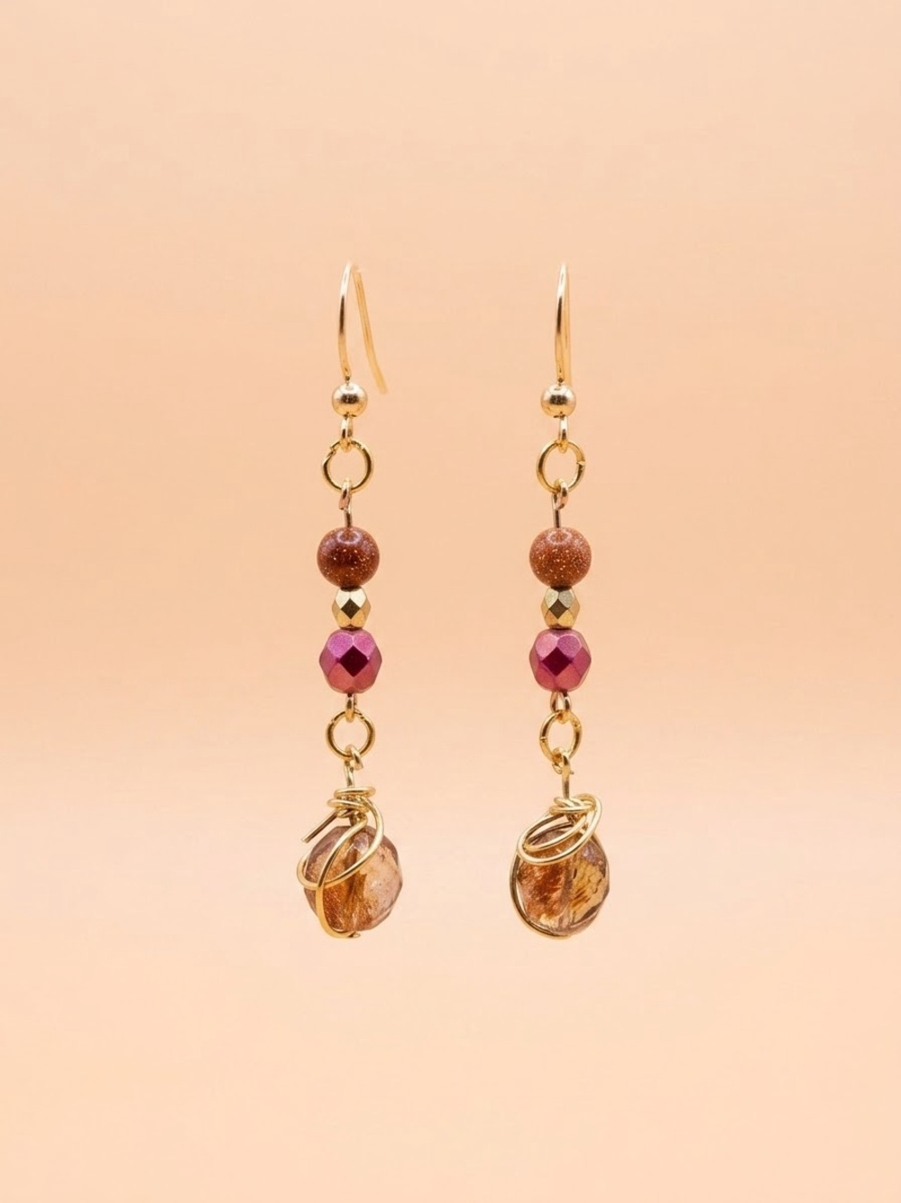 Handmade Gold-Tone Pink & Brown Beaded Drop Earrings